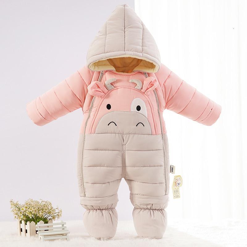 Stevvex pink baby puffer snowsuit with beige hood and feet, cute animal face on chest on Tampa Home & Garden Store