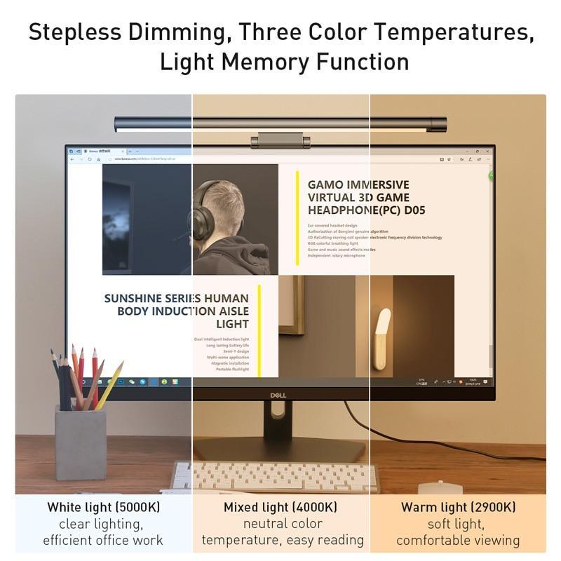 STEVVEX Screenbar LED desk lamp black mounted on top of LCD monitor for PC setup on Tampa Home & Garden Store
