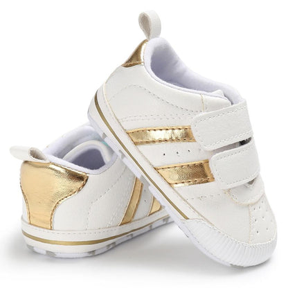 Stevvex white leather baby pre-walker sneakers with gold heel and hook-and-loop closures on Tampa Home & Garden Store