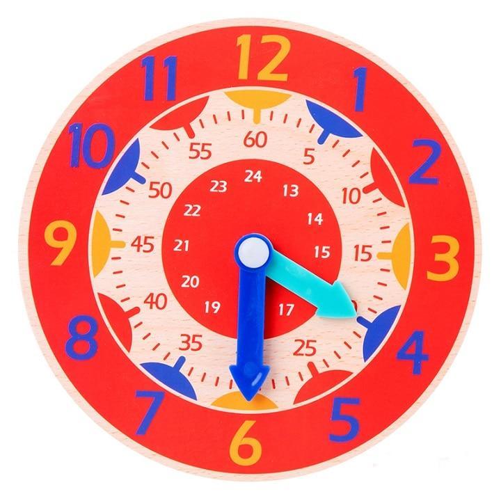 Stevvex wooden clock toy with red ring and numbers blue hour and teal minute hands for kids on Tampa Home & Garden Store