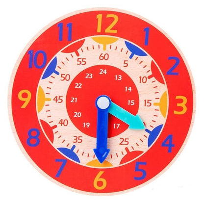 Stevvex wooden clock toy with red ring and numbers blue hour and teal minute hands for kids on Tampa Home & Garden Store