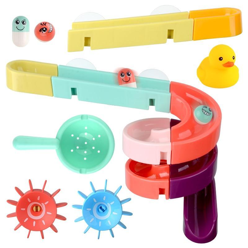 Stevvex bath toys suction cup marble race orbit track set with interlocking rings and duck on Tampa Home & Garden Store