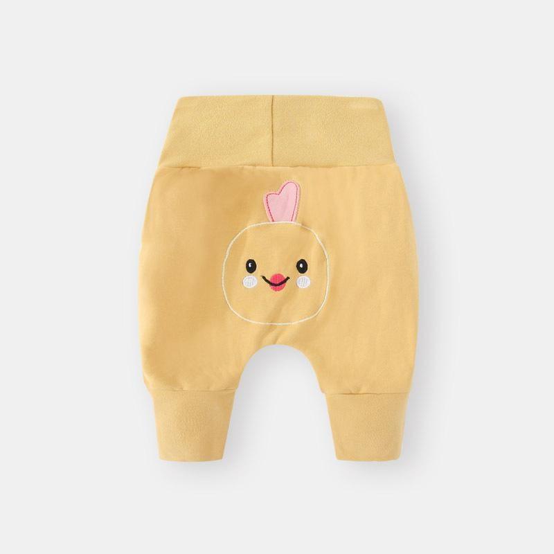 Stevvex 3-24M baby thick cotton pants in yellow with cartoon face patch, elastic waist on Tampa Home & Garden Store