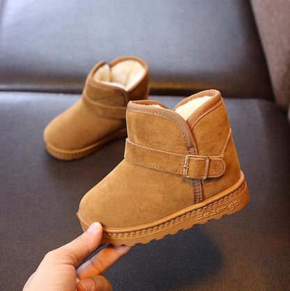 Stevvex toddler winter boots tan brown suede with plush lining, side buckle strap, chunky sole pair on Tampa Home & Garden Store