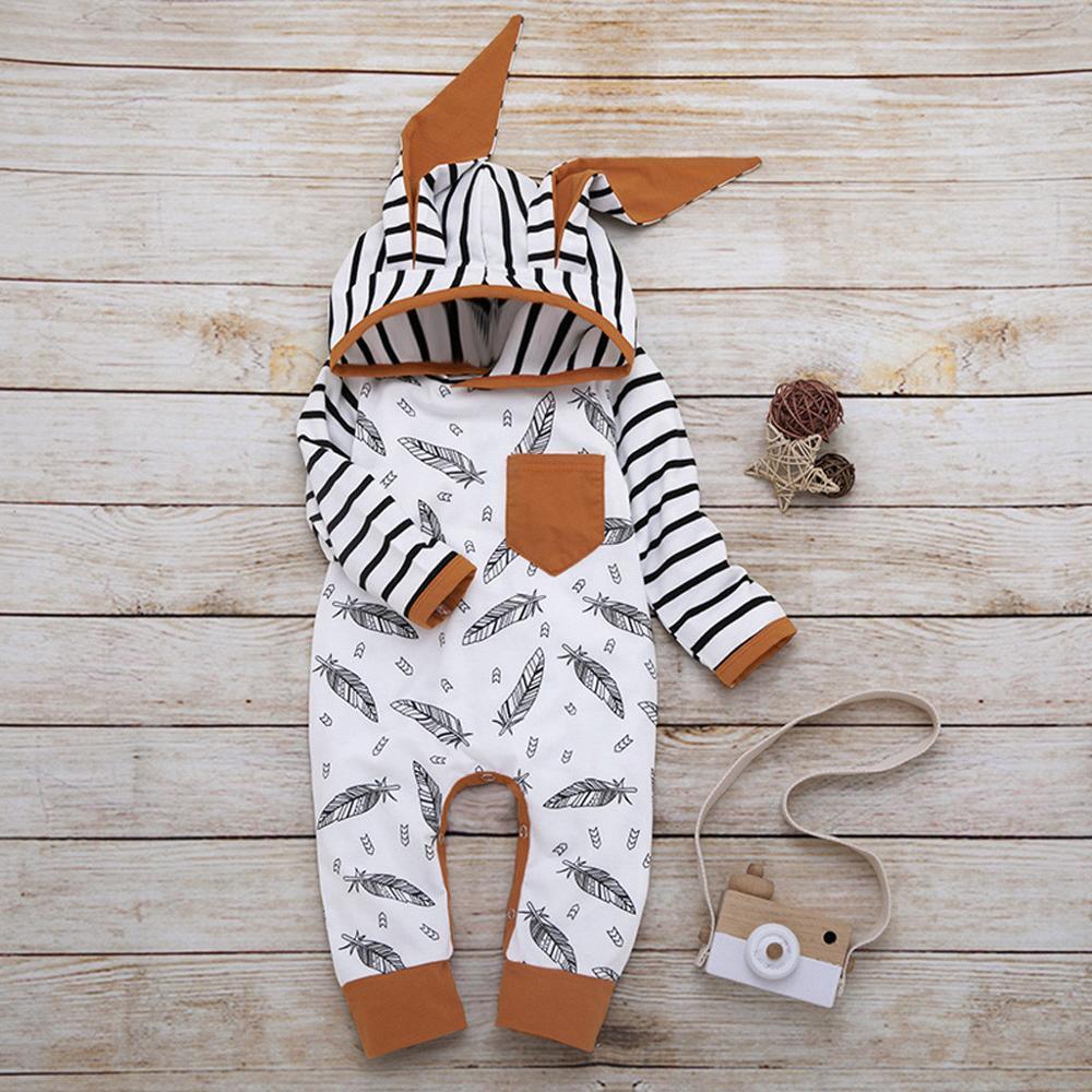 Modern newborn baby boy romper set with striped sleeves and feather-print body brown pocket on Tampa Home & Garden Store