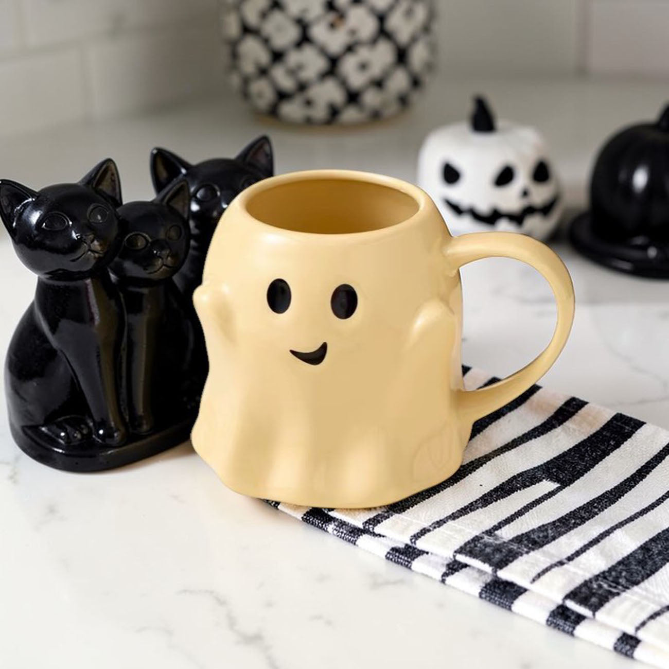 Ghost mug Gia Roma ceramic beige with face beside three black cats Halloween decor on Tampa Home & Garden Store