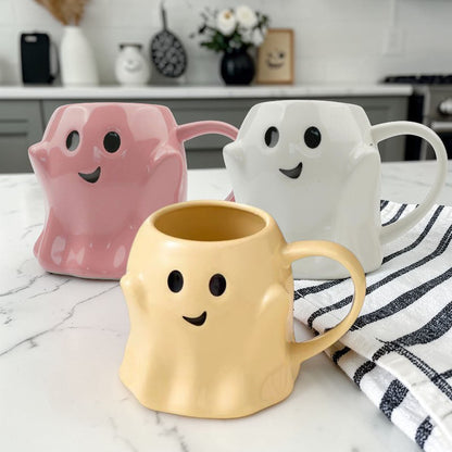 Ghost Mug trio in pink, white and yellow with friendly faces; Gia Roma coffee mugs on Tampa Home & Garden Store