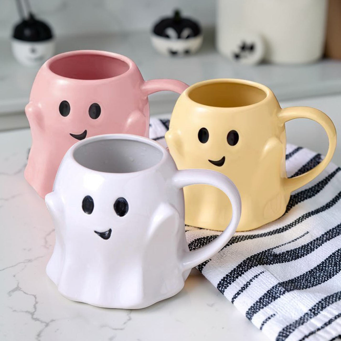 Ghost Mug set of 3 coffee mugs in pink, yellow, and white with cute faces by Gia Roma on Tampa Home & Garden Store
