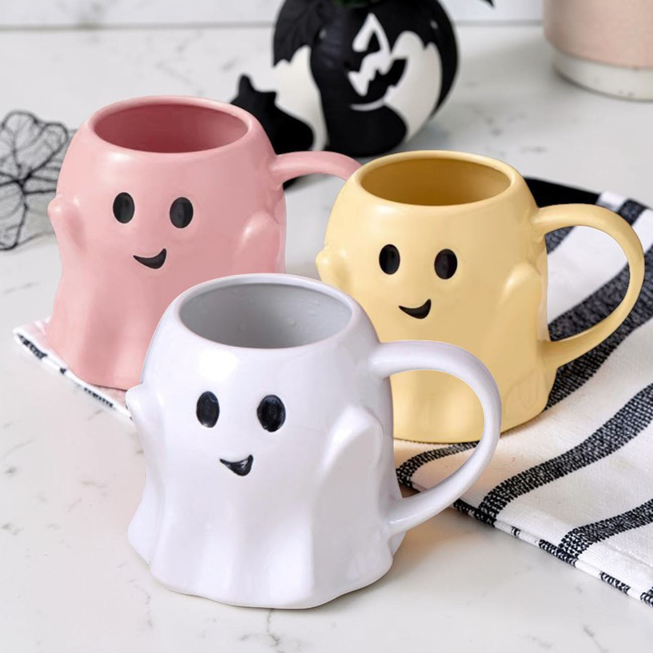 Ghost mug set of 3: pink, yellow and white ghost-shaped ceramic coffee mugs by Gia Roma on Tampa Home & Garden Store