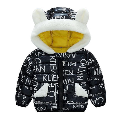 Stevvex baby hooded puffer coat with white fur trim, yellow lining, black with white print on Tampa Home & Garden Store