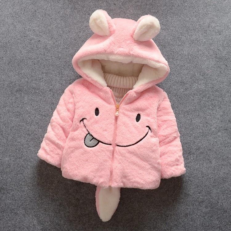 Baby girl plush hooded jacket by Stevvex in pink with bunny ears and smiley face on Tampa Home & Garden Store