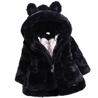 Baby girls' black faux fur hooded coat with bear ears, zip front and warm fleece lining on Tampa Home & Garden Store