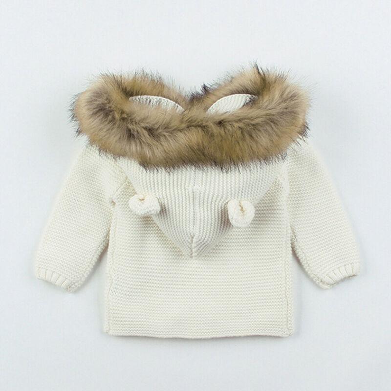 Stevvex knit hooded baby coat with fur collar in ivory, unisex newborn jacket on Tampa Home & Garden Store
