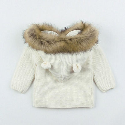 Stevvex knit hooded baby coat with fur collar in ivory, unisex newborn jacket on Tampa Home & Garden Store