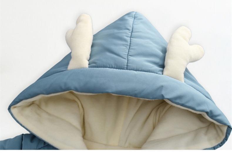 Stevvex blue hooded baby snowsuit with cream fleece lining and antler ears on Tampa Home & Garden Store