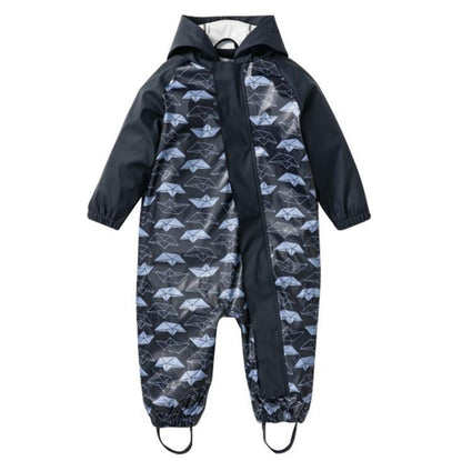 Kids snow jumpsuit, navy with light blue umbrella print, waterproof fleece-lined shell on Tampa Home & Garden Store