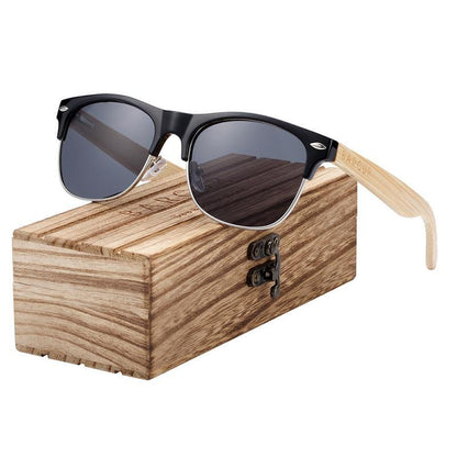 Stevvex bamboo wood sunglasses polarized UV400 with black frame and bamboo temples on box on Tampa Home & Garden Store
