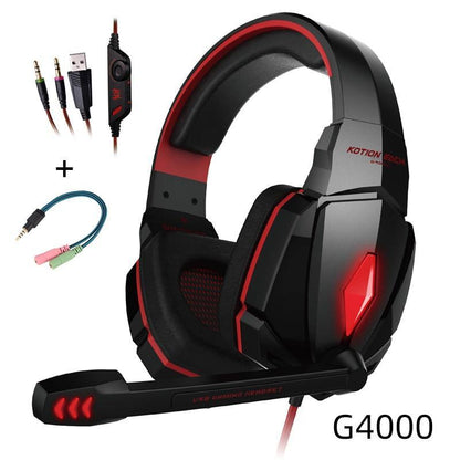 Stevvex over-ear wired gaming headset with red LED accents and mic, USB and 3.5mm PC cables on Tampa Home & Garden Store