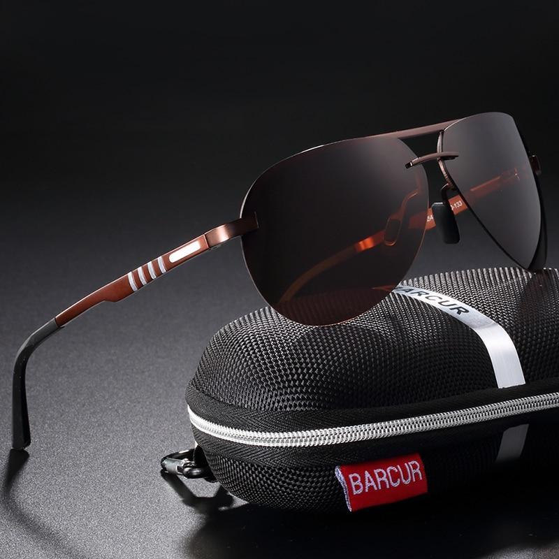 One pair of aviator polarized sunglasses with metal frame and brown lenses beside a BARCUR case on Tampa Home & Garden Store