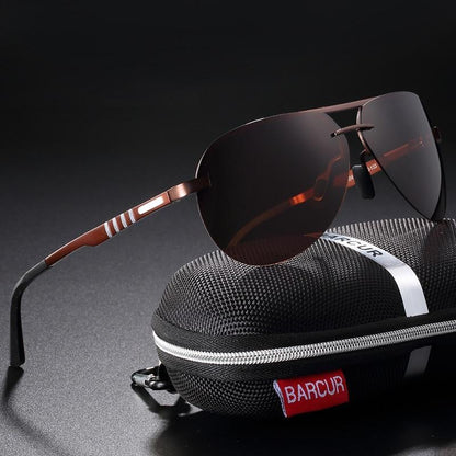 One pair of aviator polarized sunglasses with metal frame and brown lenses beside a BARCUR case on Tampa Home & Garden Store