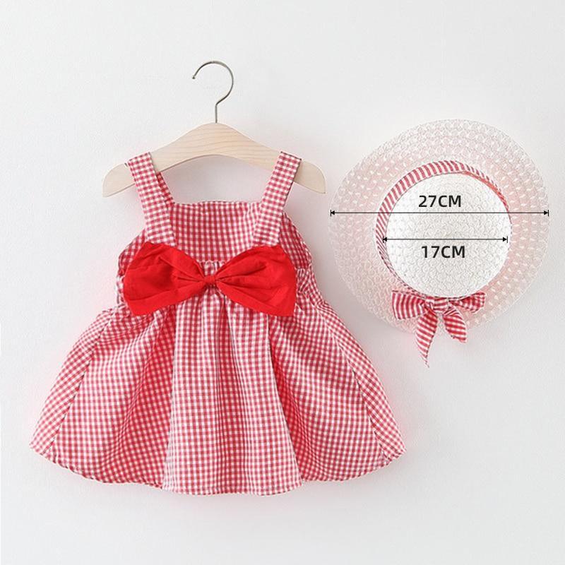 Stevvex baby girl red gingham dress with bow and matching straw hat, 2-piece party outfit on Tampa Home & Garden Store