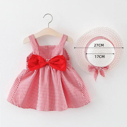 Stevvex baby girl red gingham dress with bow and matching straw hat, 2-piece party outfit on Tampa Home & Garden Store