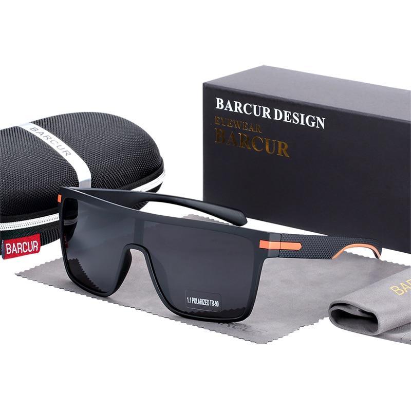 Oversized polarized square sunglasses with UV400, dark lenses, orange temples, Barcur case on Tampa Home & Garden Store