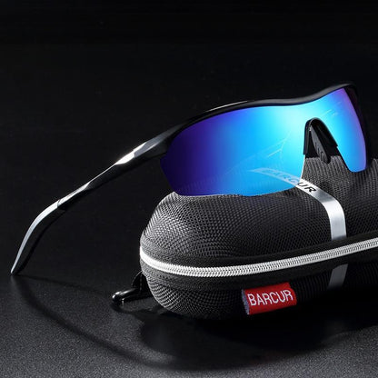Stevvex sunglasses with blue mirror lenses and black frame in BARCUR case on Tampa Home & Garden Store