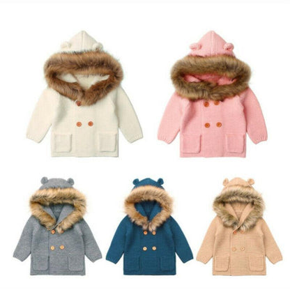 Stevvex knit hooded baby coat with faux fur collar in 6 colors for boys and girls on Tampa Home & Garden Store