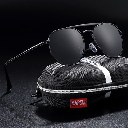 Stevvex polarized square hexagon sunglasses with UV400, black metal frame, BARCUR case on Tampa Home & Garden Store