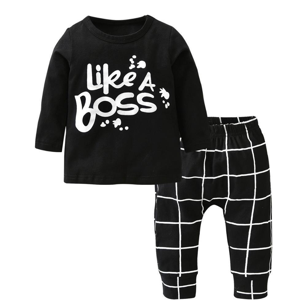 Newborn boy two-piece set: black tee with Like A Boss and black grid pants Stevvex on Tampa Home & Garden Store