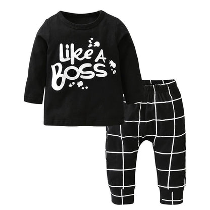 Newborn boy two-piece set: black tee with Like A Boss and black grid pants Stevvex on Tampa Home & Garden Store