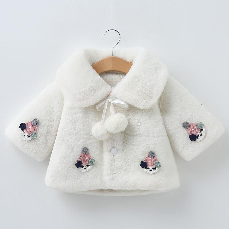 Stevvex white plush baby coat with fluffy collar, pom-pom tie and flower patches on sleeves on Tampa Home & Garden Store