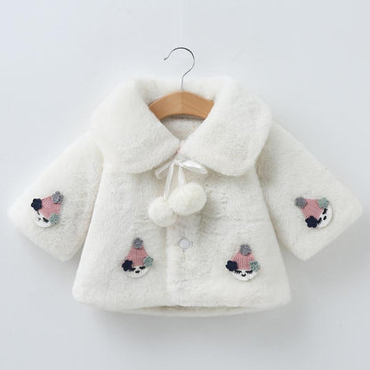 Stevvex white plush baby coat with fluffy collar, pom-pom tie and flower patches on sleeves on Tampa Home & Garden Store