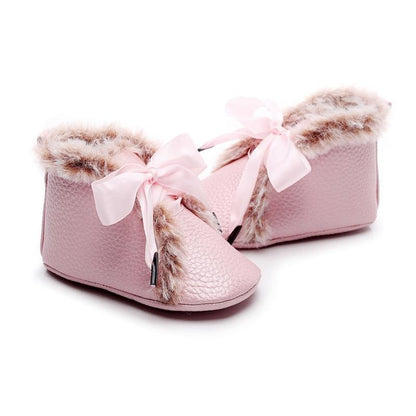 Stevvex baby PU boots pink fur-trimmed with bows lace-up soft sole pair on Tampa Home & Garden Store