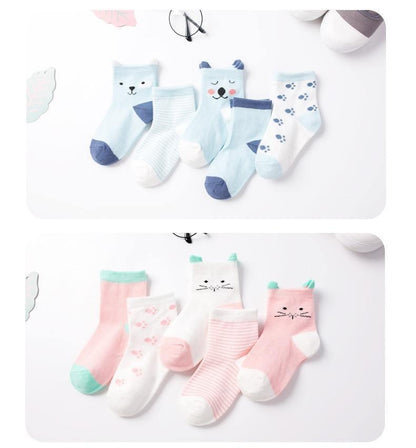 Stevvex kids socks set blue animal-face and pink cat-pattern, soft cotton on Tampa Home & Garden Store