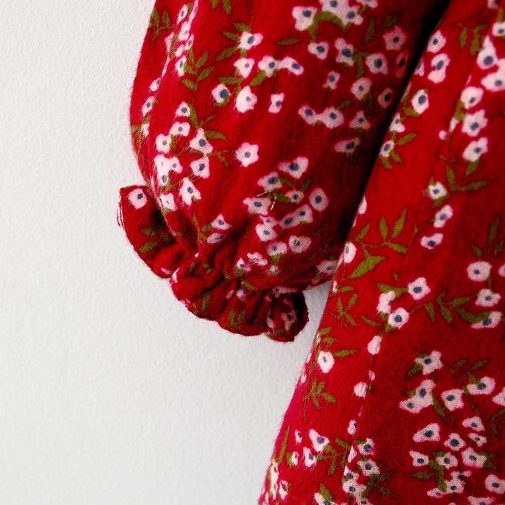 Modern Retro Girl Dress red cotton floral with blossoms, green stems, gathered sleeves on Tampa Home & Garden Store