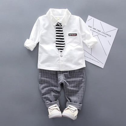 Stevvex newborn boys formal outfit: white shirt, striped tie, plaid pants on Tampa Home & Garden Store