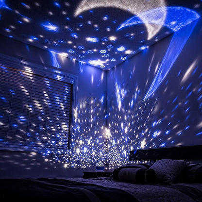 Stevvex LED Starry Night Light Projector in blue cast starry ceiling/wall scene for baby sleep room on Tampa Home & Garden Store