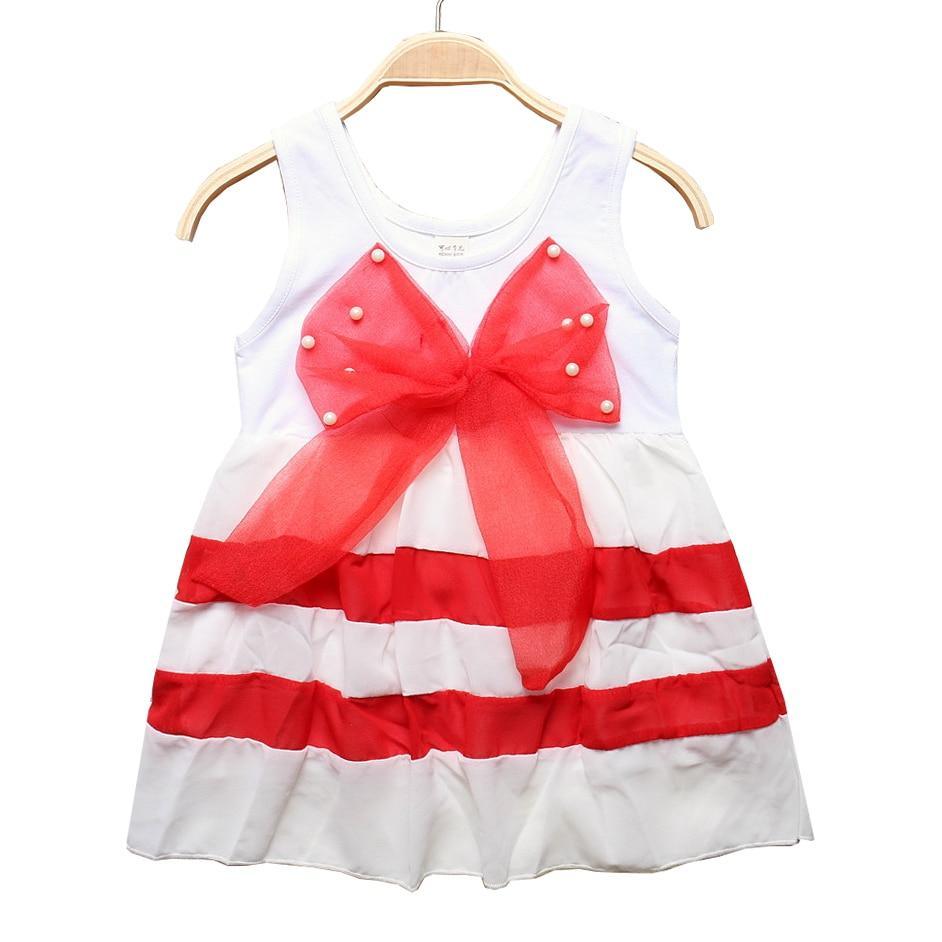 Stevvex baby girl sleeveless dress with white base, large red bow, and red striped tiered skirt on Tampa Home & Garden Store