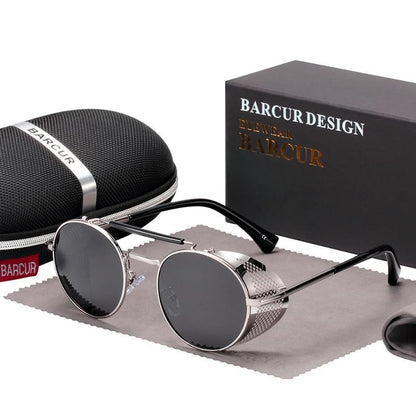 Stevvex luxury round metal polarized sunglasses with UV400 protection, silver frame and dark lenses; Barcur case and box included on Tampa Home & Garden Store