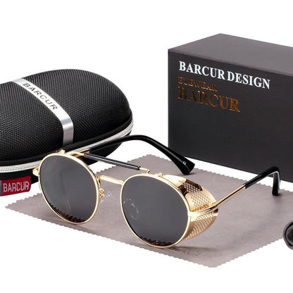 Barcur round metal polarized sunglasses gold frame dark lenses UV400 with case on Tampa Home & Garden Store