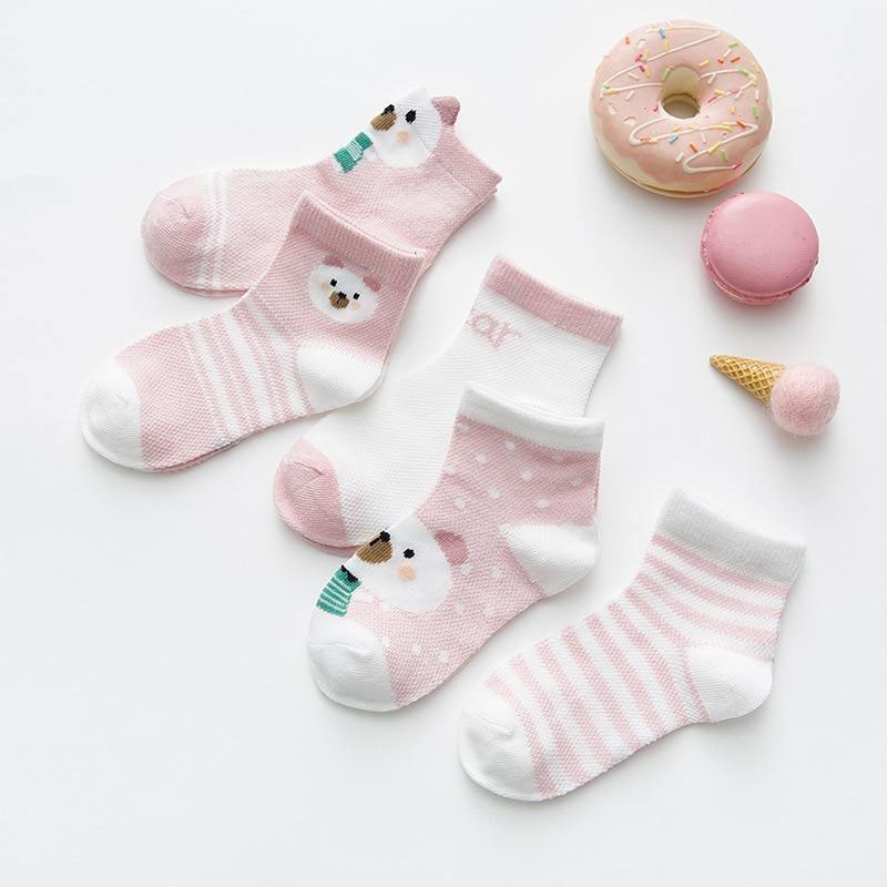 Stevvex 5-pair cotton baby girls socks set with pink stripes and panda faces, breathable on Tampa Home & Garden Store