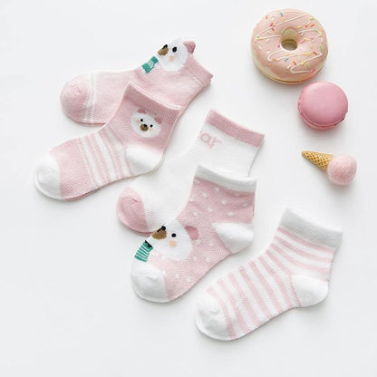 Stevvex 5-pair cotton baby girls socks set with pink stripes and panda faces, breathable on Tampa Home & Garden Store