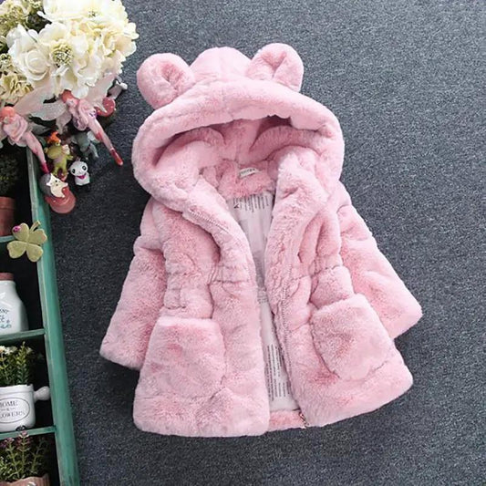 Baby girl pink faux-fur hooded coat Stevvex, thick warm toddler jacket on Tampa Home & Garden Store