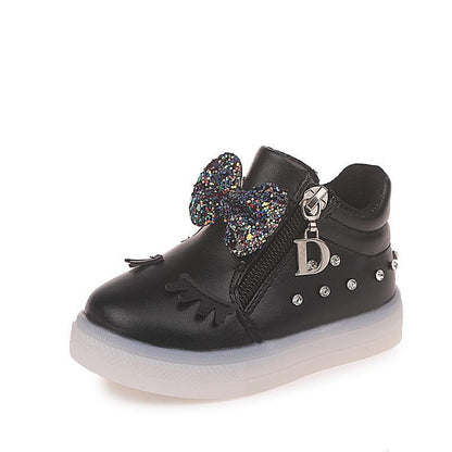 Stevvex black baby sneaker with glitter bow and rhinestone accents on white sole on Tampa Home & Garden Store