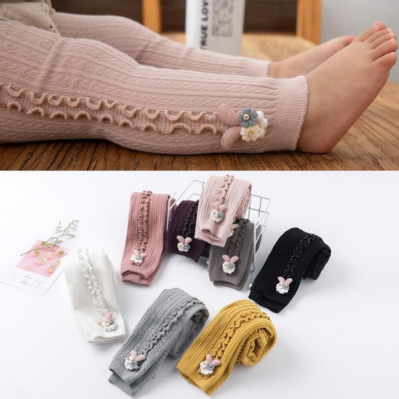 Stevvex baby girls knitted leggings ST15BY55569AZHAR, ribbed skinny pants with colorful floral bow on Tampa Home & Garden Store