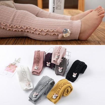 Stevvex baby girls knitted leggings ST15BY55569AZHAR, ribbed skinny pants with colorful floral bow on Tampa Home & Garden Store
