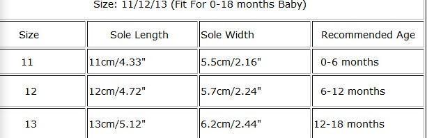 Stevvex Warm Newborn First Walkers Soft Sole Shoes sizing chart: sizes 11–13, ages 0–18 months on Tampa Home & Garden Store