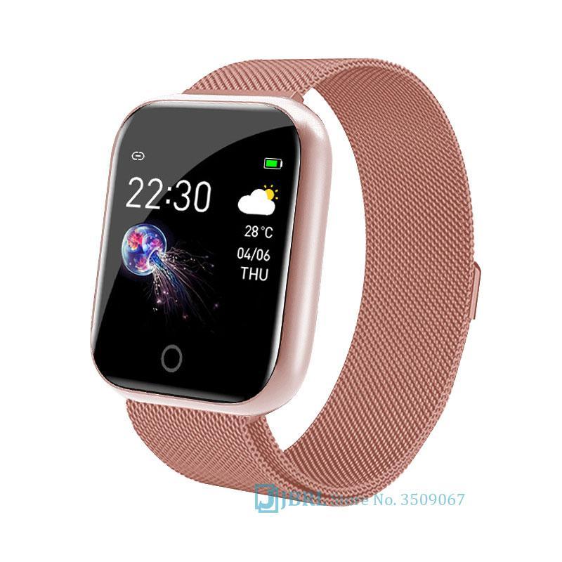 Rose gold stainless steel square smartwatch with mesh band, touchscreen display on Tampa Home & Garden Store